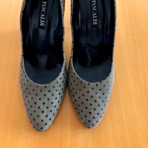 PANCALDI Light Olive Suede Polka Dot Sequin Pumps